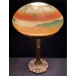 A mid century, Pittsburgh Lamp Co. Style table lamp, the domed glass shade hand-painted with Palm