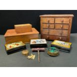 A trio of Russian lacquered cigarette boxes, Wintry landscapes, Horse and carriage etc; small chest,