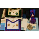 Masonic Interest - a leather case, with assorted sash's, aprons, gilt metal medal, paperwork,