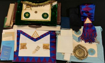 Masonic Interest - a leather case, with assorted sash's, aprons, gilt metal medal, paperwork,