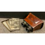 A 19th century finely figured burr walnut stereoscopic viewer, along with a small selection of