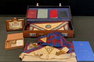 Masonic interest - Masonic regalia case containing Broxton Lodge documents, apron; etc