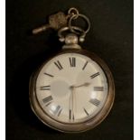 A Victorian silver pair cased pocket watch, white enamel dial, bold Roman numerals, key wind fusee