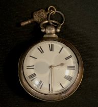 A Victorian silver pair cased pocket watch, white enamel dial, bold Roman numerals, key wind fusee