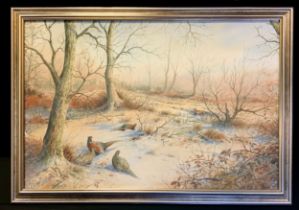 S T Trinder (Norfolk Artist) Wintry Copse with Pheasant and Fox signed, watercolour, 49cm x 74cm