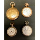 A continental silver cased open face pocket watch, others, Elgin gold plated hunter etc (4)