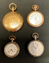 A continental silver cased open face pocket watch, others, Elgin gold plated hunter etc (4)