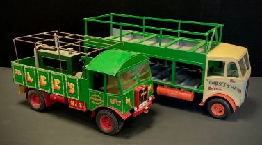 A Scratch built wooden model Aitkinson Fairground wagon, The Ghost Train on Tour, green cream and