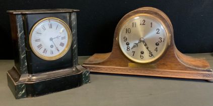 Clocks - a French ebonised and vert marble effect mantle clock, Charles Vincent movement, 22.5cm