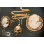 A Cameo brooch, pendant and ring suite, all carved as maidens portraits, each with 9ct gold mount,