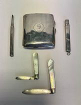 A silver cigarette case, Birmingham 1917, folding fruit knife, mother of pearl handle, 1898, another