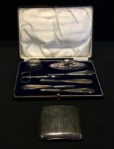 A silver Horton and Allday seven piece manicure set, Birmingham, c.1924; a silver cigarette case,