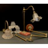 Lighting - a brass gaslight converted to a table lamp, rouge marble plinth, 44cm high, floral