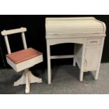 A Child’s Vintage roll-top desk, white-painted beech-wood, 81.5cm high x 71cm wide x 44cm deep; with