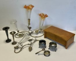 A silver bud vase, weighted base, another, three branch epergne; etc.