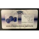 three certified and security sealed synthetic Corundum sapphires cabochons, 17.85ct, WGI certificate
