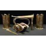 A Trench art model of a William Fosters & Co WWI Tank, in brass and copper; pair WW1 shell case