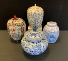 Chinese ceramics - a Famille rose large lidded vessel, decorated with flowering prunus and