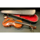 A violin, the one piece back 33.5cm long excluding button, 55.5cm long overall, cased