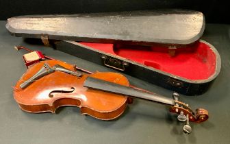 A violin, the one piece back 33.5cm long excluding button, 55.5cm long overall, cased