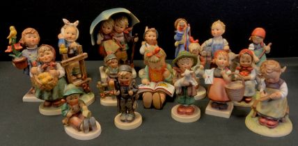 A collection of seventeen Goebel/Hummel figures inc Girls with Chicks, Little Hiker, Toothache,