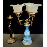 Lighting - a blue three branch lamp, with marbled blue shades, 47cm high, art nouveau style lamp