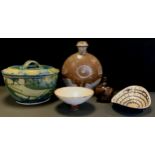 Studio pottery - A lidded pancheon bowl, splashed tones of blue and green, stamped JMJ, made