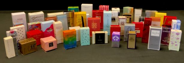 A large selection of perfume samples in their original boxes; samples include Claris, Hugo Boss