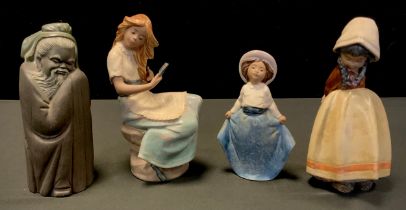 A Lladro figure Farm Girl; Nao Figure Girl with Mirror, Chinese Elder etc (4)