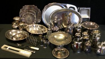 A Victorian silver plated canted square salver; others, comport, entrée dishes, three piece tea set,