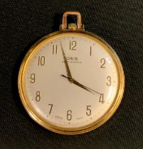 An Oris gold plated At Deco cased pocket watch, silvered dial, Arabic Numerals, centre seconds, stem