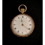 A lady's 9ct gold cased fob watch, white enamel dial, signed Thomas Russell & Son Liverpool, Roman