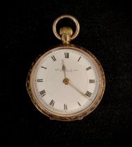 A lady's 9ct gold cased fob watch, white enamel dial, signed Thomas Russell & Son Liverpool, Roman