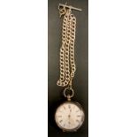 A continental 935 silver cased open face pocket watch, silver Albert chain, key, 142.2g gross