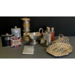 A leather cased three bottle drinks flask, Whisky, Gin, Cognac, others silver plated, pewter etc;