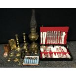 Boxes and Objects- A king pattern silver plated canteen for six, cased; pair of brass