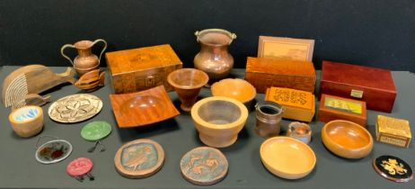 Boxes and objects - Victorian walnut marquetry workbox, lacewood jewellery box; turned green