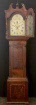 A 19th century oak and mahogany longcase clock, arched painted dial signed Jos Ault, Belper, gilt