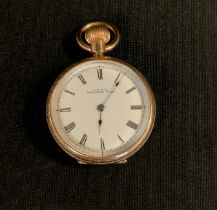 A lady's Waltham 9ct gold capped open face fob watch, white enamel dial, 32mm diameter, button