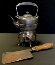 A 19th century Britannia metal (EPBM) spirit kettle, William Hutton's Sheffield; a meat cleaver (2)