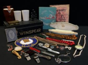Boxes and Objects - mother of pearl pen knives, others; ACME whistles, Roxeco pocket watch,