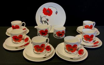 A Wedgwood Susie Cooper ‘corn poppy’ tea set for six including milk jug and sugar bowl.