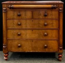 A Victorian flame mahogany chest, hidden draw to frieze above two short over three long graduated