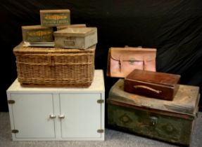 A vintage metal pharmaceutical cabinet43.5cm high x 72.5cm wide x 47.5cm deep; a large wicker