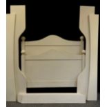 A white painted solid pine double bed frame, h 128cm, l 200cm, w 128cm, mattress size- h 20cm, l