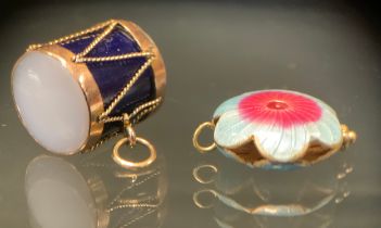 An enamel and mother of pearl mounted drum pendant, vibrant cobalt blue body, mother of pearl end