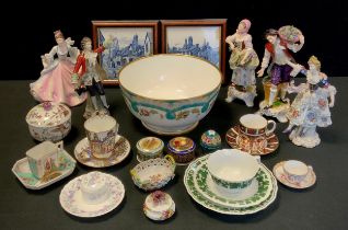 Continental ceramics including figures, Dresden miniature tea cup and saucer, another, Powder jar