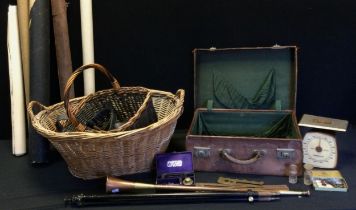 Boxes and objects - Planning maps of Rochdale, others; two baskets, copper trumpet; Wax seal set,
