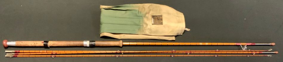 A fine Hardy A H E Wood No2, steel centre Palakona 3 piece salmon fishing rod, plus spare tip,