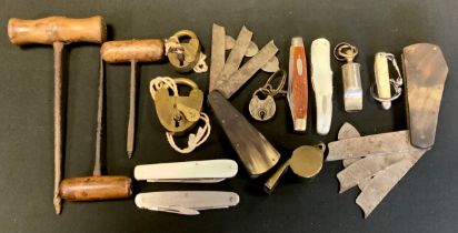 An F Newton Premier three blade fleam, another Stacey; whistles, padlocks, pocket knives etc qty